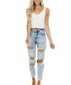 KanCan Light Acid Wash High Rise Distressed Boyfriend Jeans Bottoms