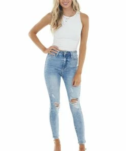 Cello Jeans Light Acid Wash High Rise Jeans With Light Distressing Bottoms