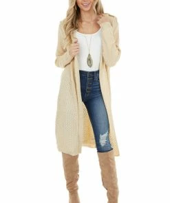 Cozy Casual Light Beige Textured Loose Knit Duster Cardigan With Hood Tops
