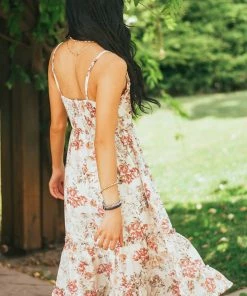 Lime Lush Dresses Light Beige Floral Sleeveless Frill Midi Dress