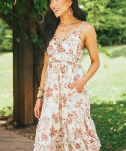 Lime Lush Dresses Light Beige Floral Sleeveless Frill Midi Dress