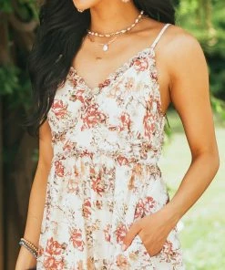 Lime Lush Dresses Light Beige Floral Sleeveless Frill Midi Dress