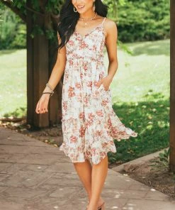 Lime Lush Dresses Light Beige Floral Sleeveless Frill Midi Dress