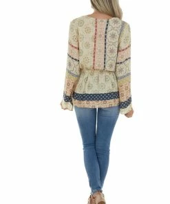 Doe & Rae Light Beige Printed Surplice Swiss Dot Blouse 24 Doe & Rae Light Beige Printed Surplice Swiss Dot Blouse