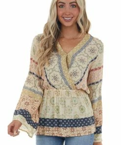 Doe & Rae Light Beige Printed Surplice Swiss Dot Blouse