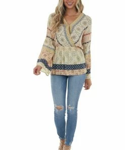 Doe & Rae Light Beige Printed Surplice Swiss Dot Blouse 19 Doe & Rae Light Beige Printed Surplice Swiss Dot Blouse