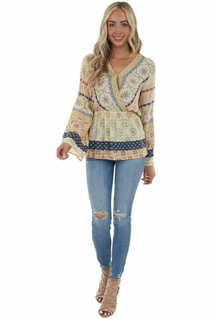 Doe & Rae Light Beige Printed Surplice Swiss Dot Blouse 4 Doe & Rae Light Beige Printed Surplice Swiss Dot Blouse