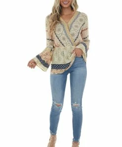 Doe & Rae Light Beige Printed Surplice Swiss Dot Blouse 20 Doe & Rae Light Beige Printed Surplice Swiss Dot Blouse