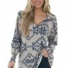 Now N Forever Tops Light Beige Soft Brushed Knit Aztec Print Top