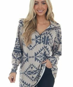 Now N Forever Tops Light Beige Soft Brushed Knit Aztec Print Top