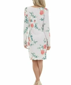 Bluivy Light Blush Floral Long Sleeve Mini Dress With Front Tie Dresses