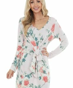 Bluivy Light Blush Floral Long Sleeve Mini Dress With Front Tie Dresses