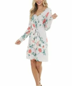 Bluivy Light Blush Floral Long Sleeve Mini Dress With Front Tie Dresses