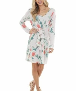 Bluivy Light Blush Floral Long Sleeve Mini Dress With Front Tie Dresses