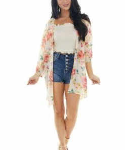 Haptics Light Blush Floral Print Lightweight Open Front Kimono