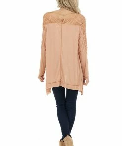 Kori America Apricot Long Sleeve Knit Top With Crocheted Neckline Tops