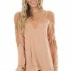Kori America Apricot Long Sleeve Knit Top With Crocheted Neckline Tops 1 Kori America Apricot Long Sleeve Knit Top With Crocheted Neckline Tops