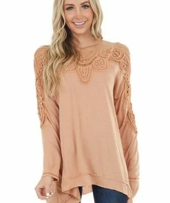 Kori America Apricot Long Sleeve Knit Top With Crocheted Neckline Tops