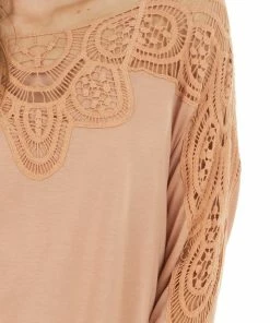 Kori America Apricot Long Sleeve Knit Top With Crocheted Neckline Tops