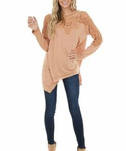 Kori America Apricot Long Sleeve Knit Top With Crocheted Neckline Tops