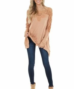 Kori America Apricot Long Sleeve Knit Top With Crocheted Neckline Tops