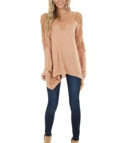 Kori America Apricot Long Sleeve Knit Top With Crocheted Neckline Tops