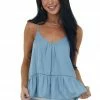 Peach Love Light Chambray Lace Up Back V Neck Peplum Top