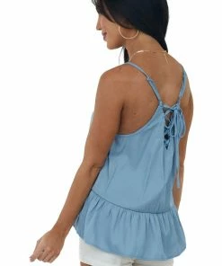 Peach Love Light Chambray Lace Up Back V Neck Peplum Top 11 Peach Love Light Chambray Lace Up Back V Neck Peplum Top