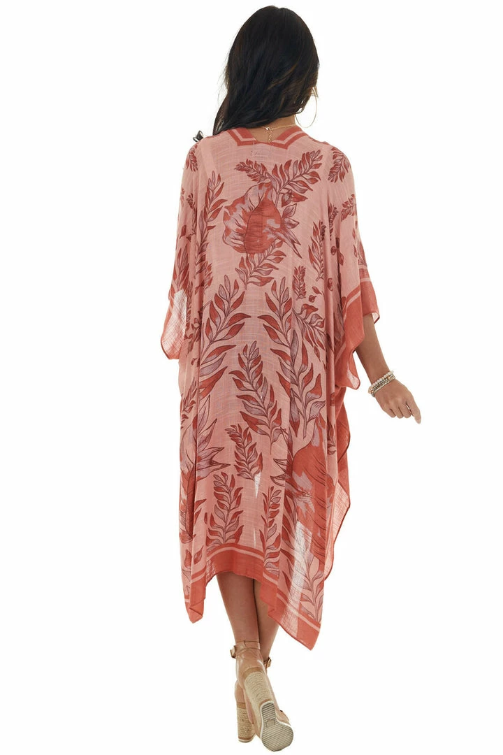 ANGIE Light Coral Leaf Print Open Front Kimono 8 ANGIE Light Coral Leaf Print Open Front Kimono