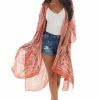 ANGIE Light Coral Leaf Print Open Front Kimono