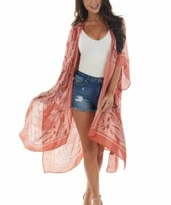 ANGIE Light Coral Leaf Print Open Front Kimono
