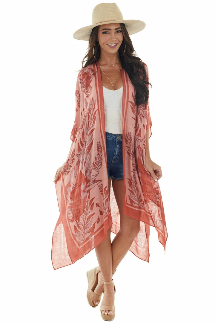 ANGIE Light Coral Leaf Print Open Front Kimono 5 ANGIE Light Coral Leaf Print Open Front Kimono