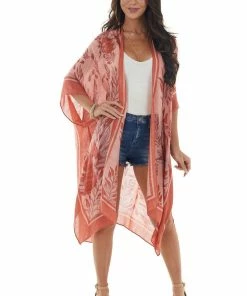 ANGIE Light Coral Leaf Print Open Front Kimono