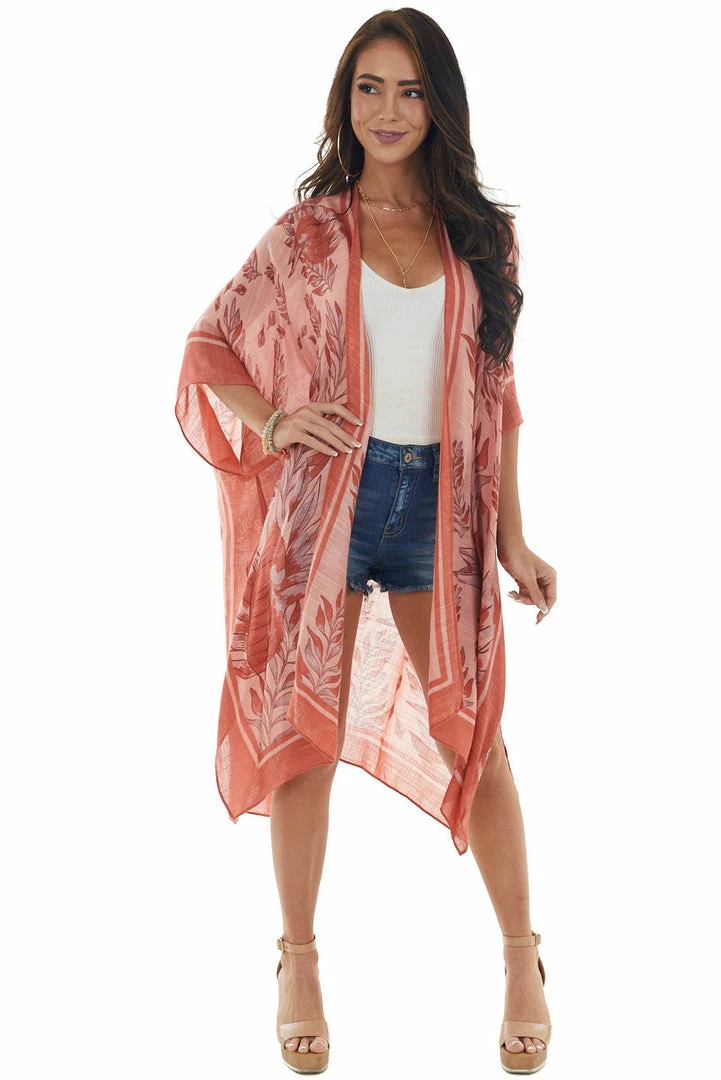 ANGIE Light Coral Leaf Print Open Front Kimono 4 ANGIE Light Coral Leaf Print Open Front Kimono