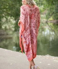 ANGIE Light Coral Leaf Print Open Front Kimono 22 ANGIE Light Coral Leaf Print Open Front Kimono