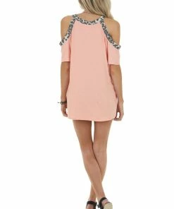 HEIMISH Light Coral Leopard Print Contrast Cold Shoulder Knit Top