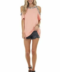 HEIMISH Light Coral Leopard Print Contrast Cold Shoulder Knit Top