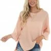 Umgee Light Coral Waffle Knit Folded Cuff Loose Top 1 Umgee Light Coral Waffle Knit Folded Cuff Loose Top