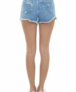 Vervet Light Denim And White Colorblock Frayed Shorts Bottoms