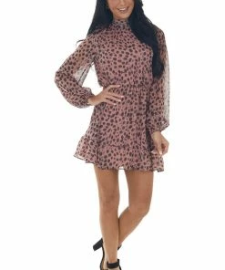 Peach Love Light Hibiscus Cheetah Print Mock Neck Dress