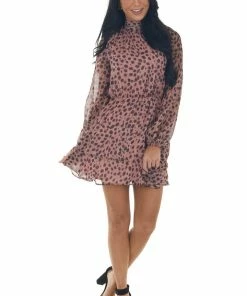 Peach Love Light Hibiscus Cheetah Print Mock Neck Dress