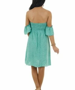 EPretty Light Juniper Polka Dot Off The Shoulder Dress With Ruching Dresses 24 EPretty Light Juniper Polka Dot Off The Shoulder Dress With Ruching Dresses