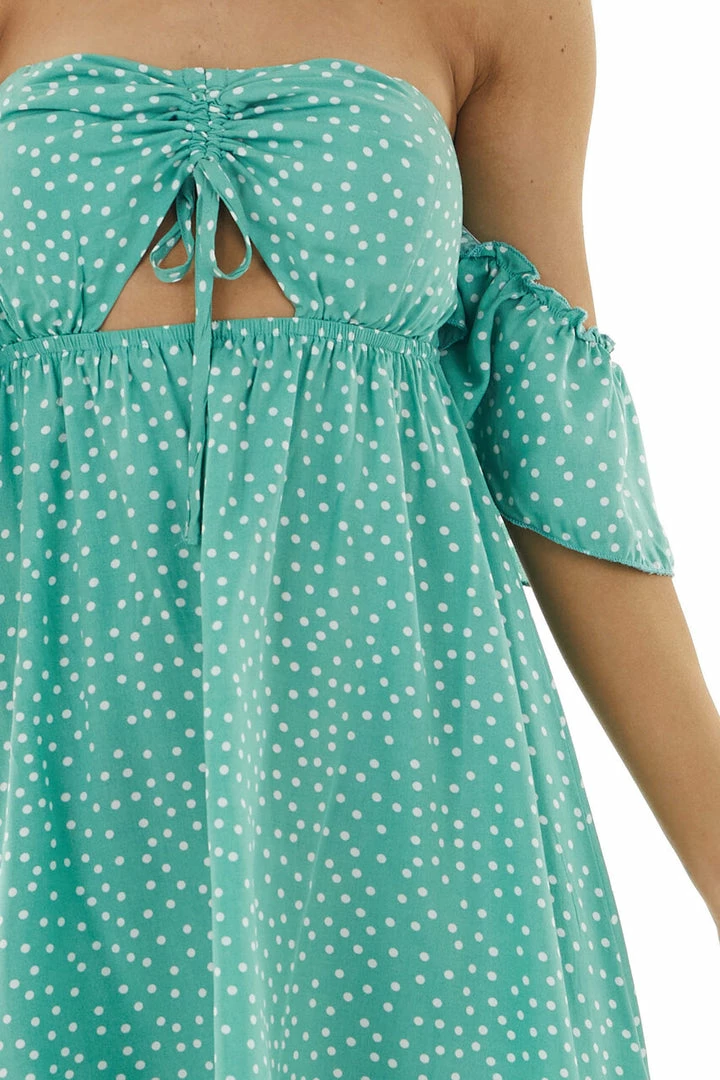 EPretty Light Juniper Polka Dot Off The Shoulder Dress With Ruching Dresses 10 EPretty Light Juniper Polka Dot Off The Shoulder Dress With Ruching Dresses