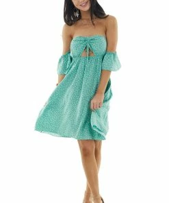 EPretty Light Juniper Polka Dot Off The Shoulder Dress With Ruching Dresses 21 EPretty Light Juniper Polka Dot Off The Shoulder Dress With Ruching Dresses