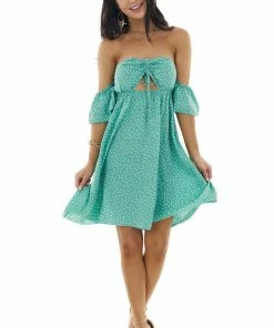 EPretty Light Juniper Polka Dot Off The Shoulder Dress With Ruching Dresses 20 EPretty Light Juniper Polka Dot Off The Shoulder Dress With Ruching Dresses