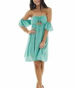 EPretty Light Juniper Polka Dot Off The Shoulder Dress With Ruching Dresses 22 EPretty Light Juniper Polka Dot Off The Shoulder Dress With Ruching Dresses