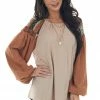 Easel Tops Light Khaki Colorblock Bubble Sleeve Knit Top