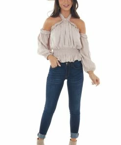 Peach Love Light Latte Swiss Dot Off Shoulder Halter Top Tops 21 Peach Love Light Latte Swiss Dot Off Shoulder Halter Top Tops