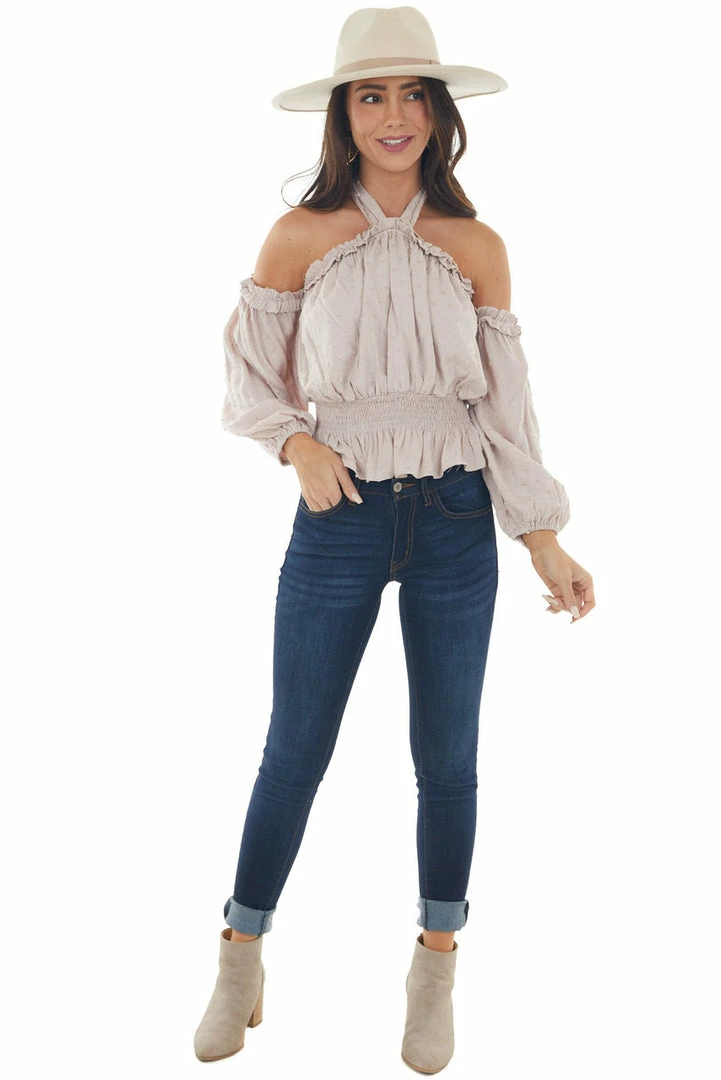 Peach Love Light Latte Swiss Dot Off Shoulder Halter Top Tops 6 Peach Love Light Latte Swiss Dot Off Shoulder Halter Top Tops