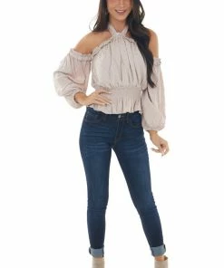 Peach Love Light Latte Swiss Dot Off Shoulder Halter Top Tops 22 Peach Love Light Latte Swiss Dot Off Shoulder Halter Top Tops